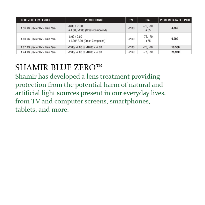 Shamir Finished Single Vision AS Glacier UV - Blue Zero 1.56 | EyeSpace22 Shamir Finished Single Vision AS Glacier UV - Blue Zero 1.56 Shamir Finished Single Vision AS Glacier UV - Blue Zero 1.56 <strong data-start="0" data-end="21" data-is-only-node="">Shamir Blue Zero™</strong> – Advanced lens technology that protects eyes from harmful blue light (HEV A & B) and UV rays up to 420nm. Reduces eye strain, glare, and headaches while offering scratch resistance, dust and smudge repellence, and easy-clean durability—perfect for all ages.