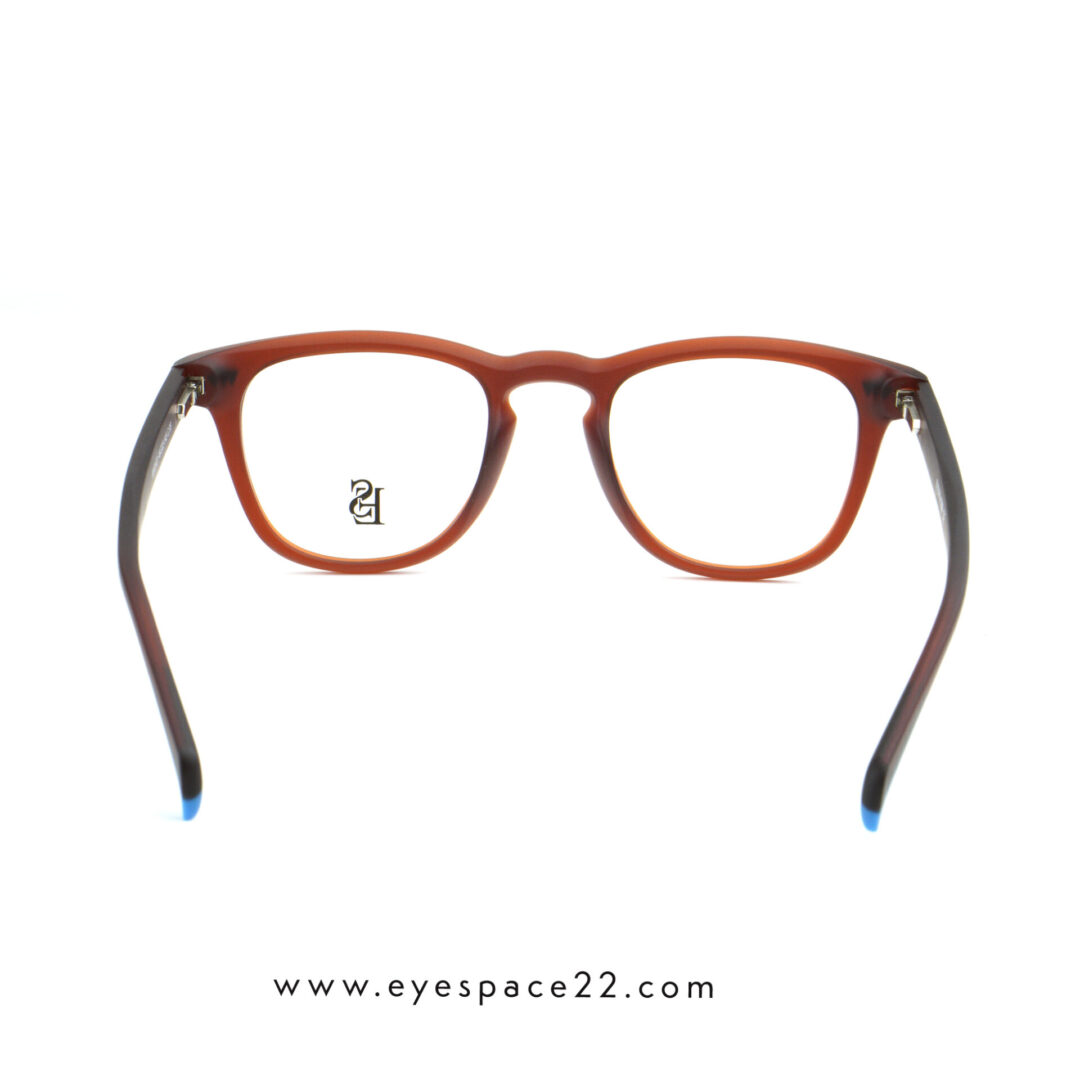 Affordable semi-transparent dark red optical frame with blue arrow rivets shop online.