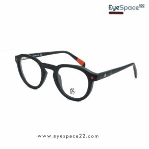Buy matte black round eyewear frames with vibrant orange accents online.
